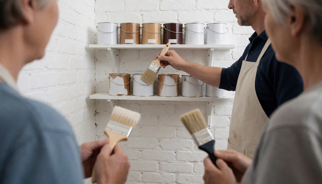 Trois individus sélectionnent des peintures pour meubles dans un atelier avec des murs en briques blanches et des outils visibles.