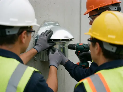 Des techniciens en casques et gants installent un ventilateur métallique sur un mur en béton, illustrant une intervention de réparation.