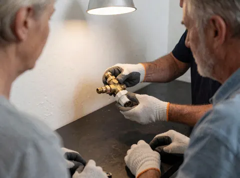 Un technicien portant des gants examine une vanne d'entrée d'eau en bronze et plastique sur une table de travail sombre éclairée par une lampe.