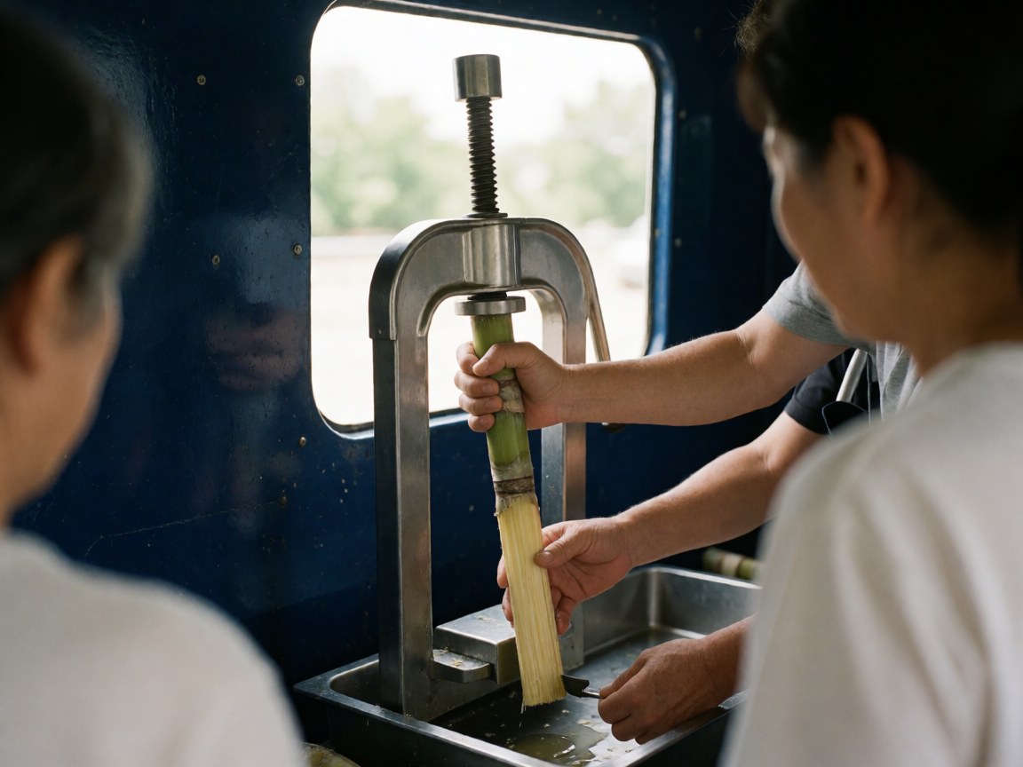 Une personne utilise une presse manuelle en acier inoxydable pour presser une tige de canne à sucre, le jus s'écoulant dans un plateau métallique à l'intérieur d'un camion aux parois bleues.