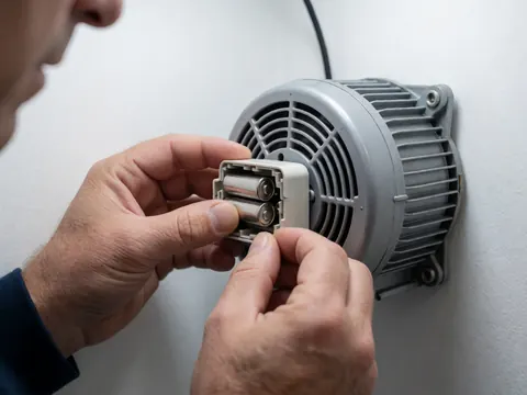 Techniciens remplaçant des batteries dans un moteur de ventilateur sur fond blanc avec un éclairage vif pour un service de réparation.