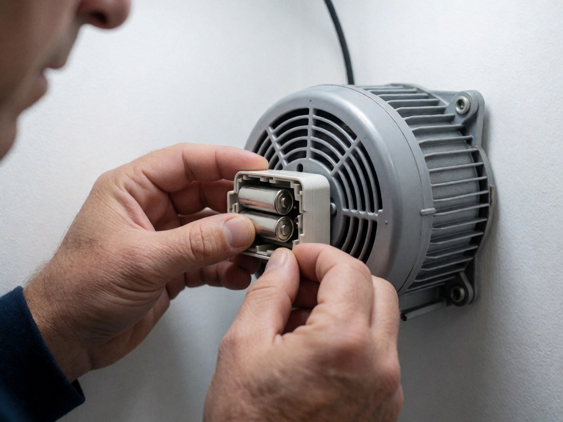 Techniciens remplaçant des batteries dans un moteur de ventilateur sur fond blanc avec un éclairage vif pour un service de réparation.