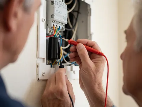 Un électricien utilise un multimètre pour mesurer le voltage d'un condensateur noir dans un panneau électrique blanc avec des câbles colorés.
