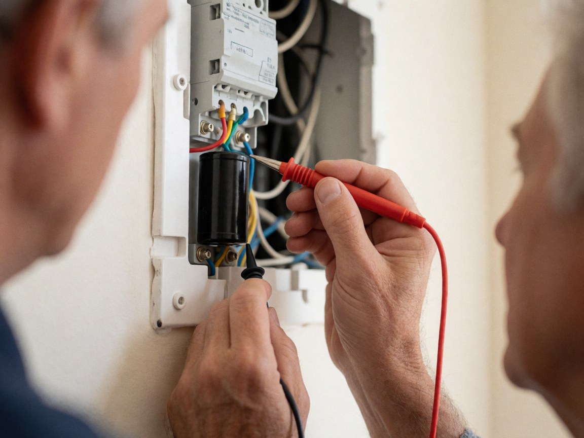 Un électricien utilise un multimètre pour mesurer le voltage d'un condensateur noir dans un panneau électrique blanc avec des câbles colorés.