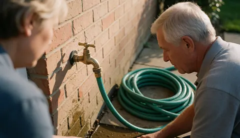Un homme âgé répare un robinet de jardin avec une tuyau vert sur un mur en briques, eau qui goutte, scène de réparation de tuyauterie.
