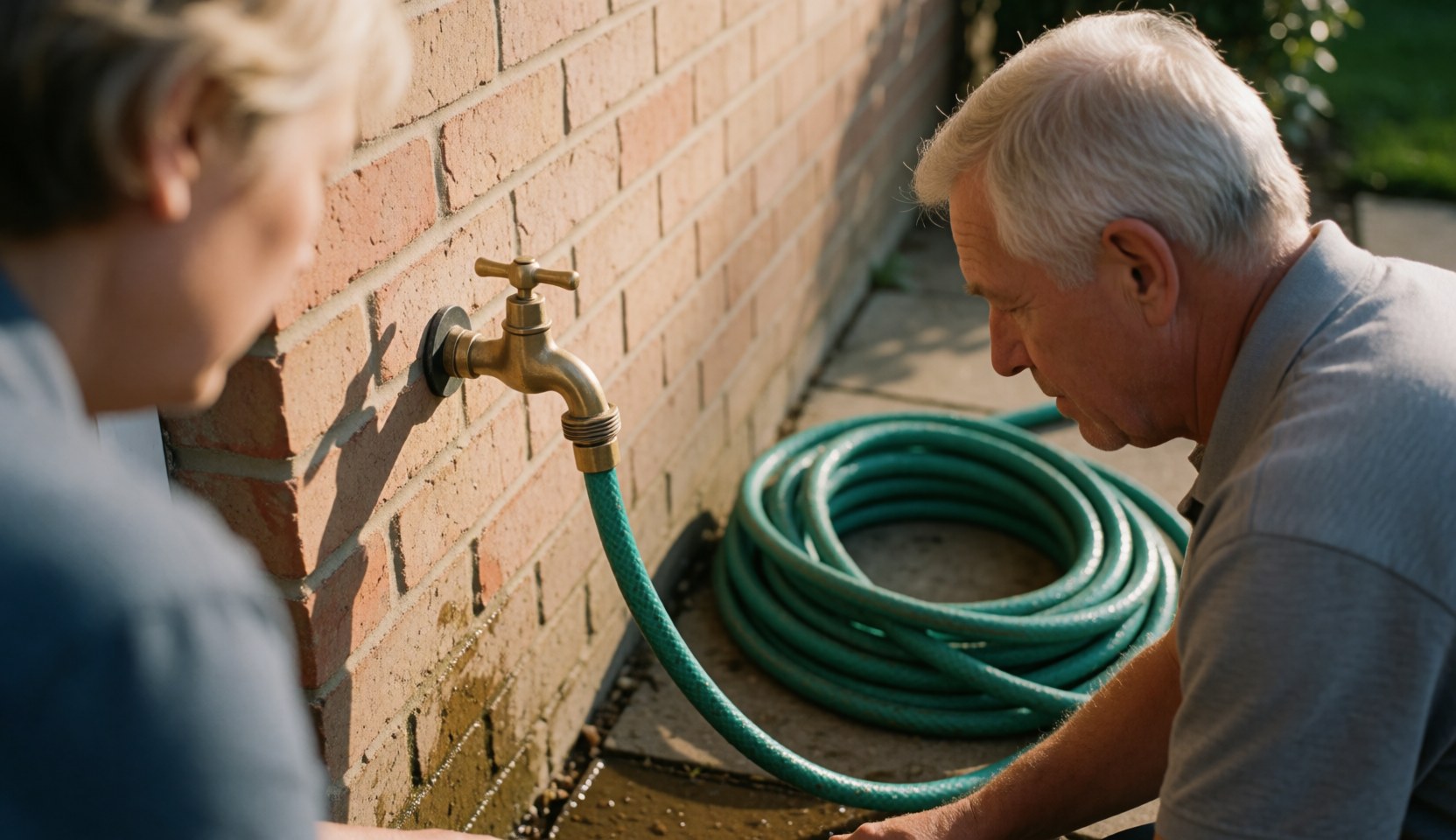 Un homme âgé répare un robinet de jardin avec une tuyau vert sur un mur en briques, eau qui goutte, scène de réparation de tuyauterie.