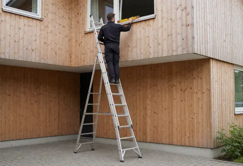 Un technicien sur une échelle pose une fenêtre dans une maison en bois, utilisant un niveau pour garantir la précision de l'installation.