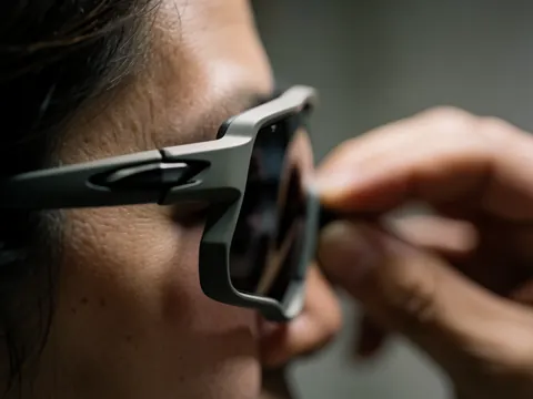 Lunettes de cyclisme avec lentille polarisée montrant le mécanisme de charnière, le réglage manuel et un fond de mur en béton.