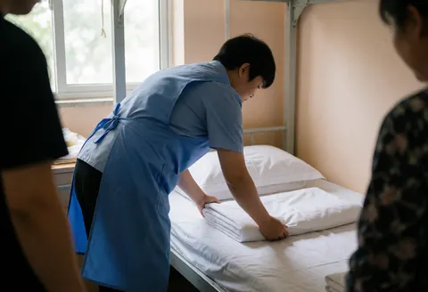 Une employée dispose des draps blancs sur un lit dans un dortoir de hostel avec des murs beige et une lumière naturelle.