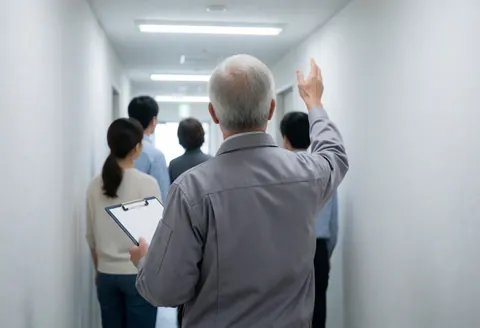 Un technicien en uniforme gris pointe le plafond tout en marchant dans un couloir de bureau éclairé par des néons, évaluant l'installation de caméras de sécurité.