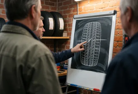 Un mécanicien explique la structure d'un pneu en pointant un schéma sur un tableau blanc dans un atelier avec des étagères de pneus et des murs en briques rouges.