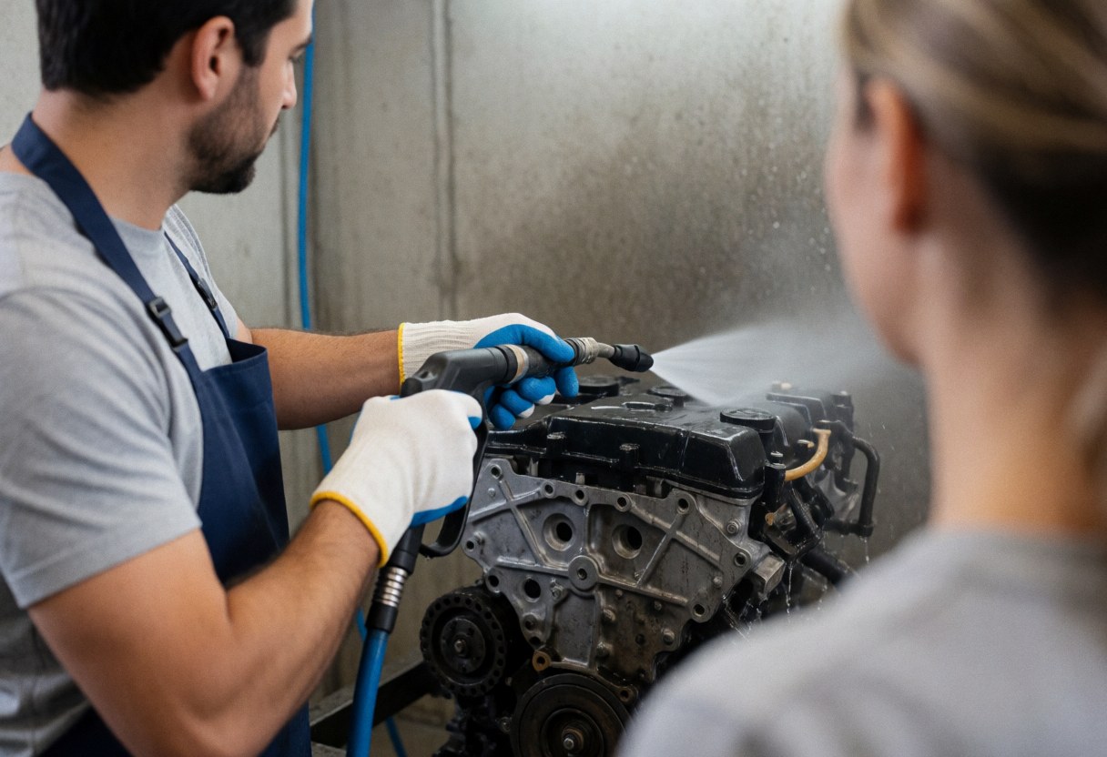 Un technicien utilise une lance haute pression pour nettoyer un moteur automobile sur une aire de travail industrielle avec des projections d'eau.