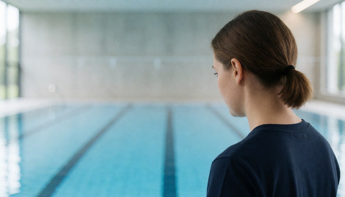 Une nageuse observe une piscine olympique avec des lignes de couloir, des murs en béton et une lumière naturelle, idéale pour la couverture d'un site web d'entraîneur de natation.
