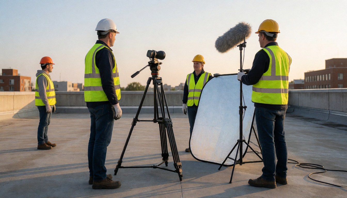 Quatre vidéastes en casques et gilets réfléchissants travaillent avec caméra, réflecteur et micro pour une production professionnelle.