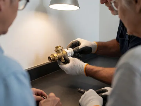 Un technicien portant des gants installe une vanne en bronze dans un atelier de réparation de lave-vaisselle sous l'éclairage d'une lampe de travail sur une table noire.