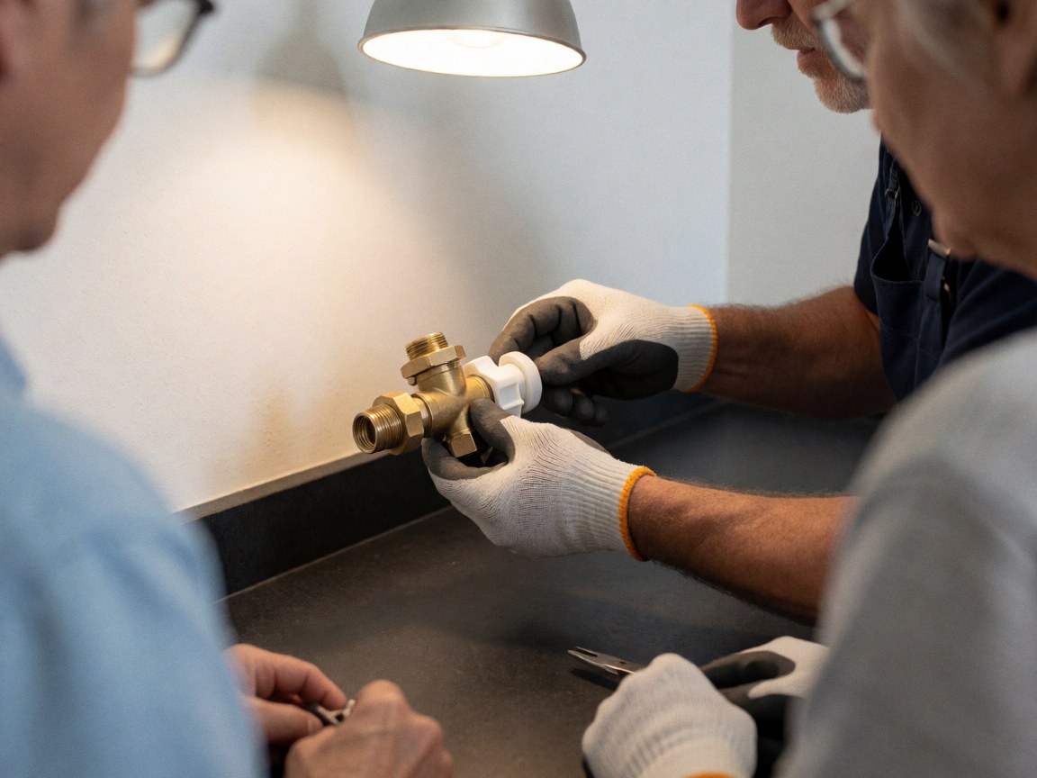 Un technicien portant des gants installe une vanne en bronze dans un atelier de réparation de lave-vaisselle sous l'éclairage d'une lampe de travail sur une table noire.