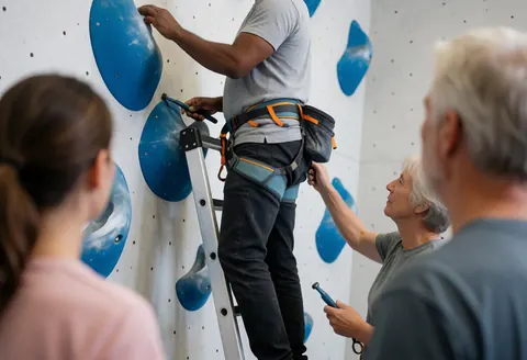 Un routeur ajuste une prise bleue sur un mur d'escalade dans un gymnase bien éclairé, avec deux personnes observant depuis le sol.