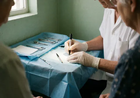 Un professionnel portant des gants marque des points sur la peau à l'aide d'un marqueur, avec des instruments et des draps stériles bleus disposés sur une table dans un studio de piercing.