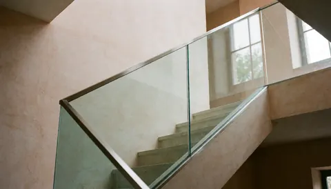 Garde-corps en verre trempé transparent installé sur un escalier moderne avec des murs enduits clairs, mettant en valeur la lumière naturelle et le design minimaliste.