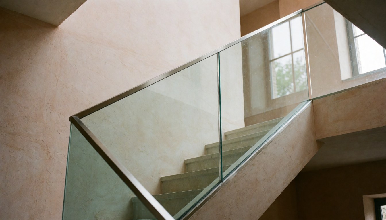 Garde-corps en verre trempé transparent installé sur un escalier moderne avec des murs enduits clairs, mettant en valeur la lumière naturelle et le design minimaliste.