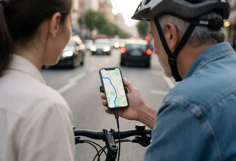 Cycliste portant un casque de sécurité consultant une application de navigation sur son smartphone en pleine circulation urbaine pour une livraison de dernière mile.
