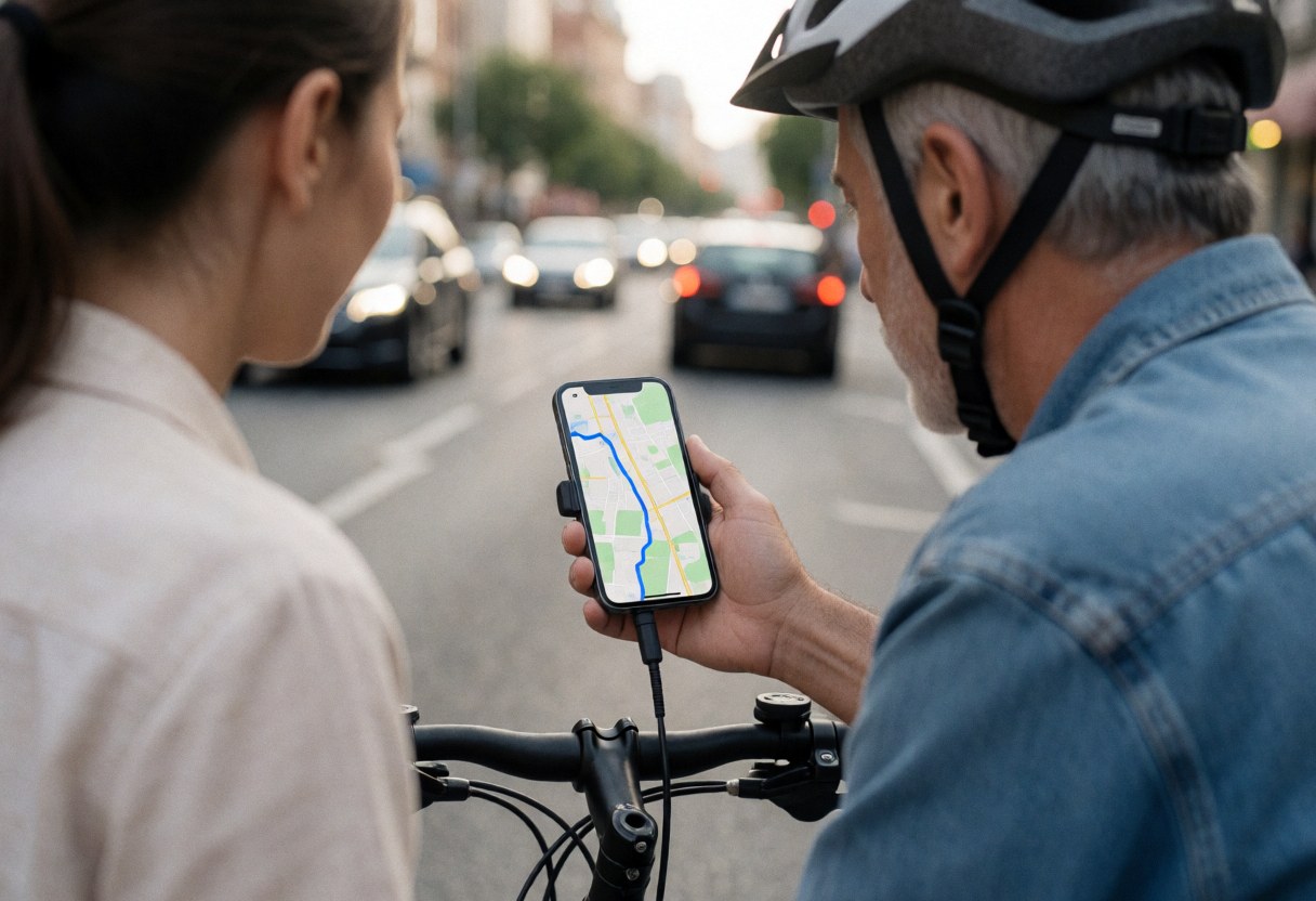 Cycliste portant un casque de sécurité consultant une application de navigation sur son smartphone en pleine circulation urbaine pour une livraison de dernière mile.