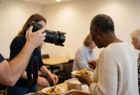 Un photographe professionnel utilise un objectif télé pour prendre des photos de convives lors d'un événement corporatif en intérieur.