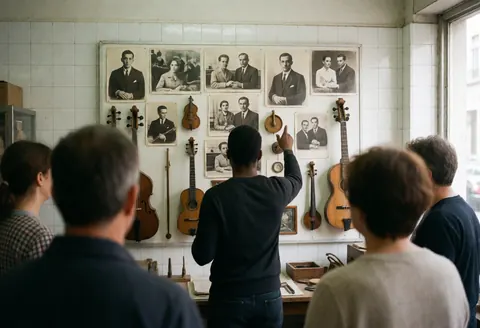 Un professeur de tango donne un cours à des étudiants devant un mur orné de photographies historiques et d'instruments de musique suspendus dans un studio aux carreaux blancs.