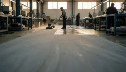 Un opérateur utilise une machine de nettoyage sur un sol gris en usine industrielle sous l'éclairage du plafond pour le maintien des installations.
