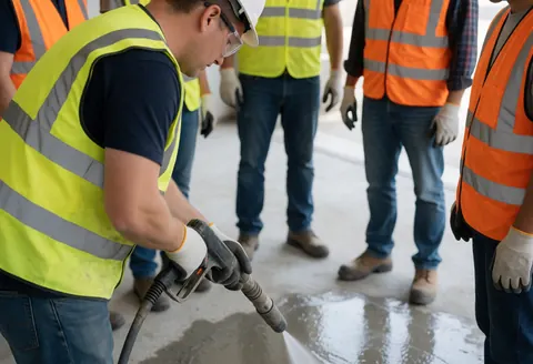 Un ouvrier en gilet jaune avec un tuyau nettoie du béton tandis que d'autres collègues regardent.