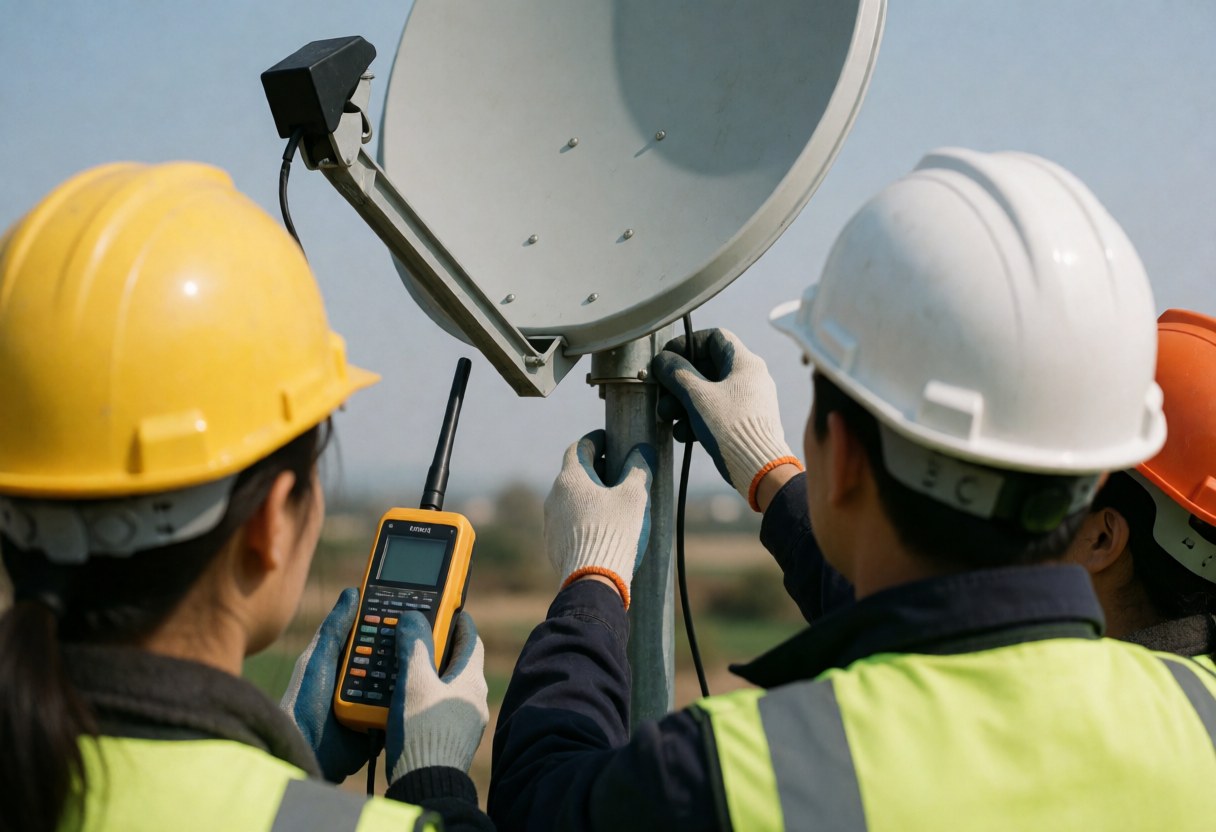 Trois techniciens en casques et gilets ajustent une antenne satellite sur un poteau dans un paysage rural.