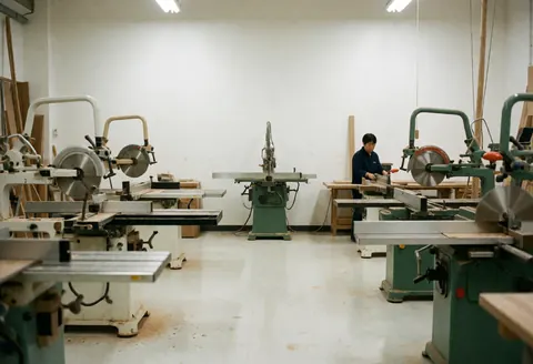 Un charpentier travaille avec une scie circulaire dans un atelier de meubles, entouré de machines et de planches de bois sur un sol blanc.