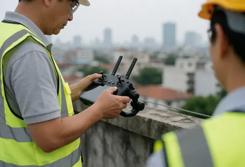 Un opérateur portant un gilet réfléchissant et un casque utilise une télécommande pour piloter un drone, avec une vue urbaine en arrière-plan.
