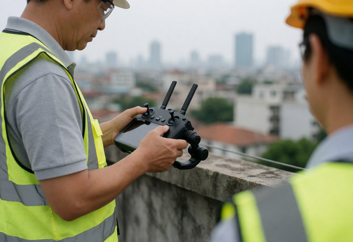 Un opérateur portant un gilet réfléchissant et un casque utilise une télécommande pour piloter un drone, avec une vue urbaine en arrière-plan.