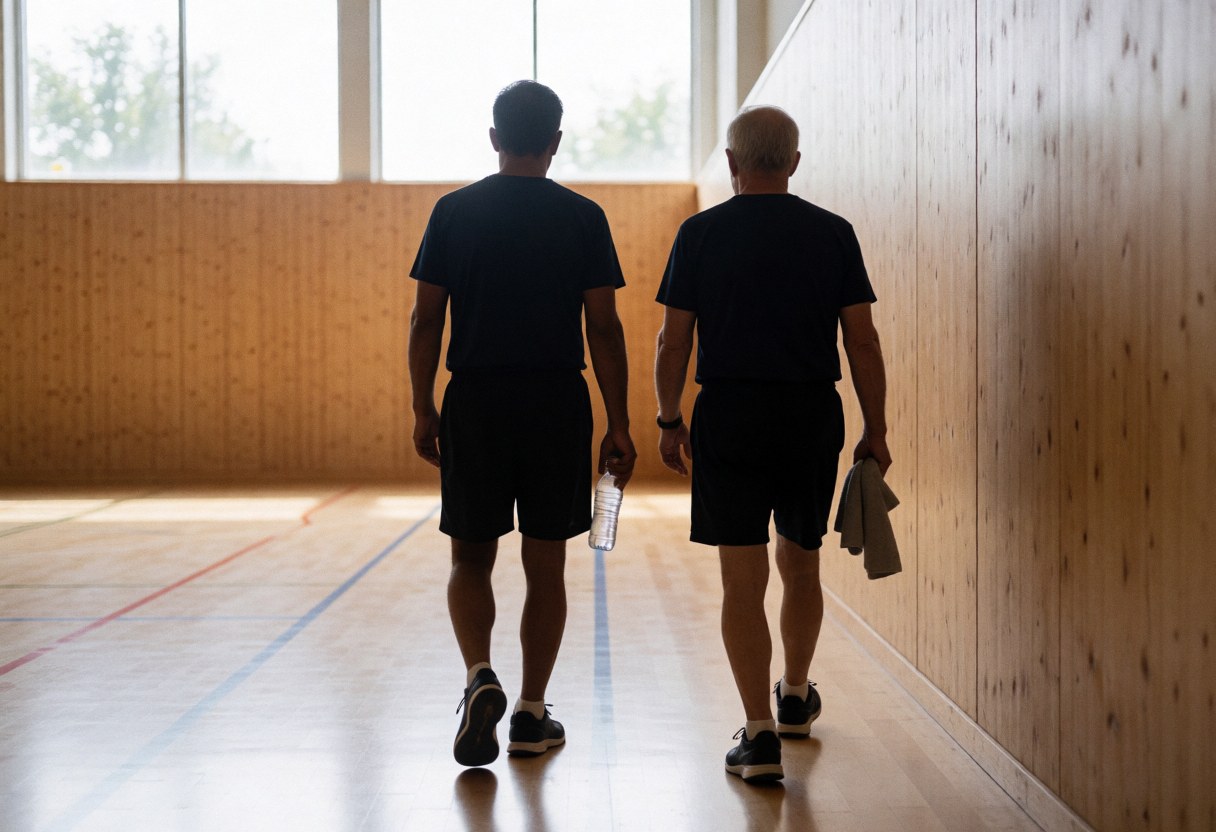 Deux hommes marchant sur un terrain de volley-ball intérieur en bois avec lumière naturelle.