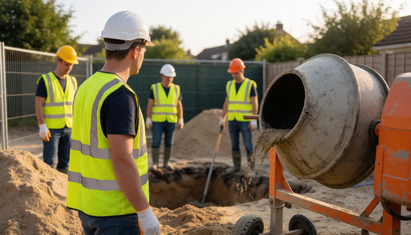 Des ouvriers portant un casque et un gilet de sécurité surveillent un malaxeur à béton qui déverse du matériau dans une tranchée sur un chantier de construction.