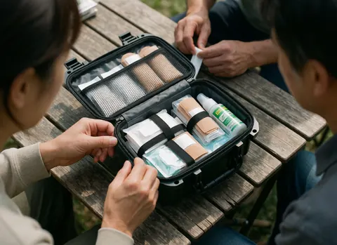 Kit de premiers secours ouvert sur une table en bois, mains organisant des bandages et un antiseptique, scène de camping réaliste.