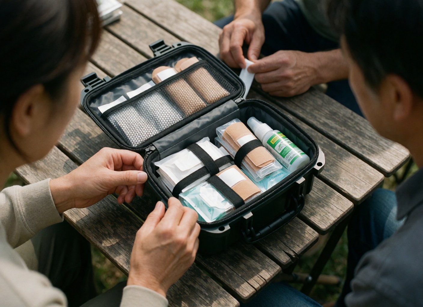 Kit de premiers secours ouvert sur une table en bois, mains organisant des bandages et un antiseptique, scène de camping réaliste.
