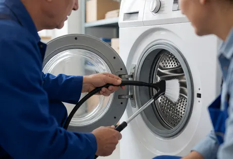 Un technicien utilise une brosse pour nettoyer le tambour blanc d'une machine à laver dans un atelier de réparation avec de la poussière en suspension.