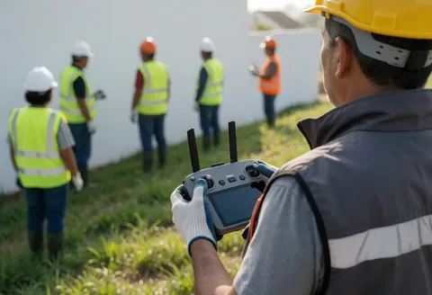 Opérateur de drone tenant son contrôleur sur un chantier, travailleurs en gilets et casques, murs blancs, lumière du matin, espace pour texte.