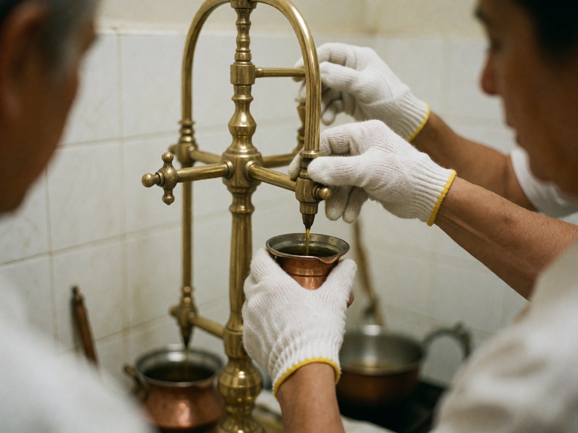 Des mains gantées ajustent un support de perfusion en bronze pour dispenser de l'huile herbale dorée dans un pot en cuivre lors d'un massage ayurvédique.