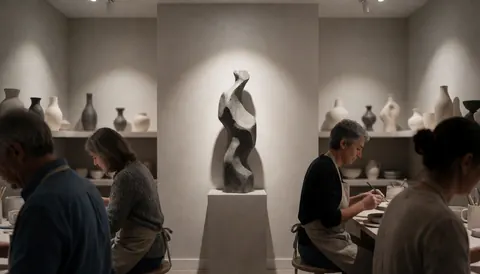 Artistes travaillant dans un atelier de céramique avec une sculpture abstraite sur piédestal, des vases sur des étagères et des murs gris éclairés par des projecteurs.