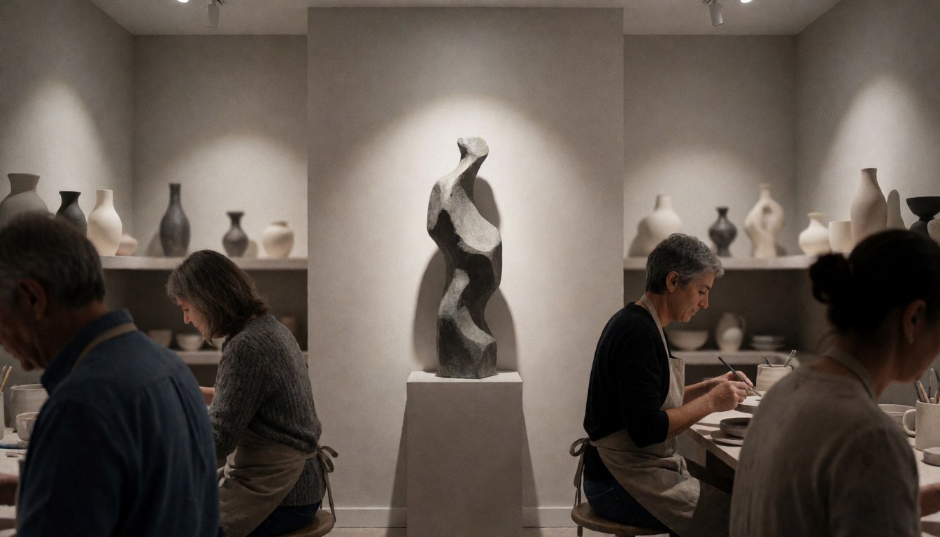 Artistes travaillant dans un atelier de céramique avec une sculpture abstraite sur piédestal, des vases sur des étagères et des murs gris éclairés par des projecteurs.