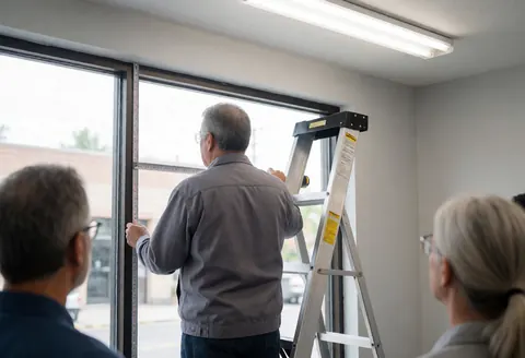 Un technicien mesure une grande fenêtre à l'aide d'une échelle métallique dans un environnement intérieur aux murs gris et à l'éclairage fluorescent.