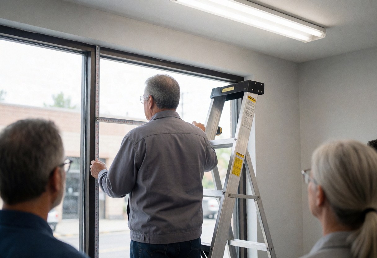 Un technicien mesure une grande fenêtre à l'aide d'une échelle métallique dans un environnement intérieur aux murs gris et à l'éclairage fluorescent.