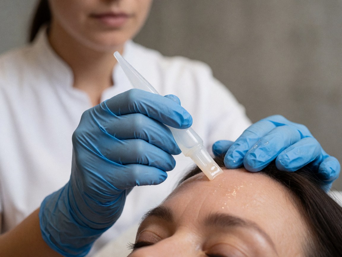 Un professionnel applique du gel sur le front d'un client à l'aide d'un applicateur en silicone, portant des gants bleus et un uniforme blanc devant un mur en béton.