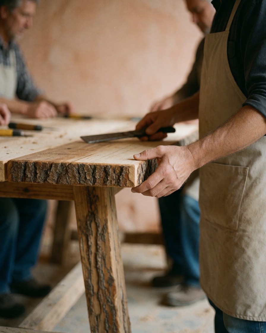 Artisans travaillant sur des planches de bois brut conservant son écorce dans un atelier de charpenterie traditionnelle.