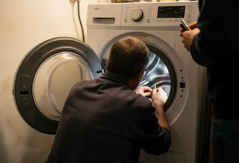 Un technicien effectuant une réparation sur une laveuse, le tambour intérieur est visible dans un atelier aux murs clairs et à l'éclairage chaleureux.