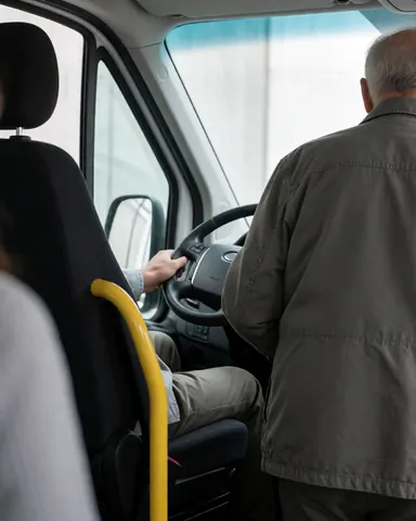 Un passager entre dans un minibus. La main du conducteur est sur le volant. Une barre jaune et des sièges noirs sont visibles à l'intérieur du véhicule.