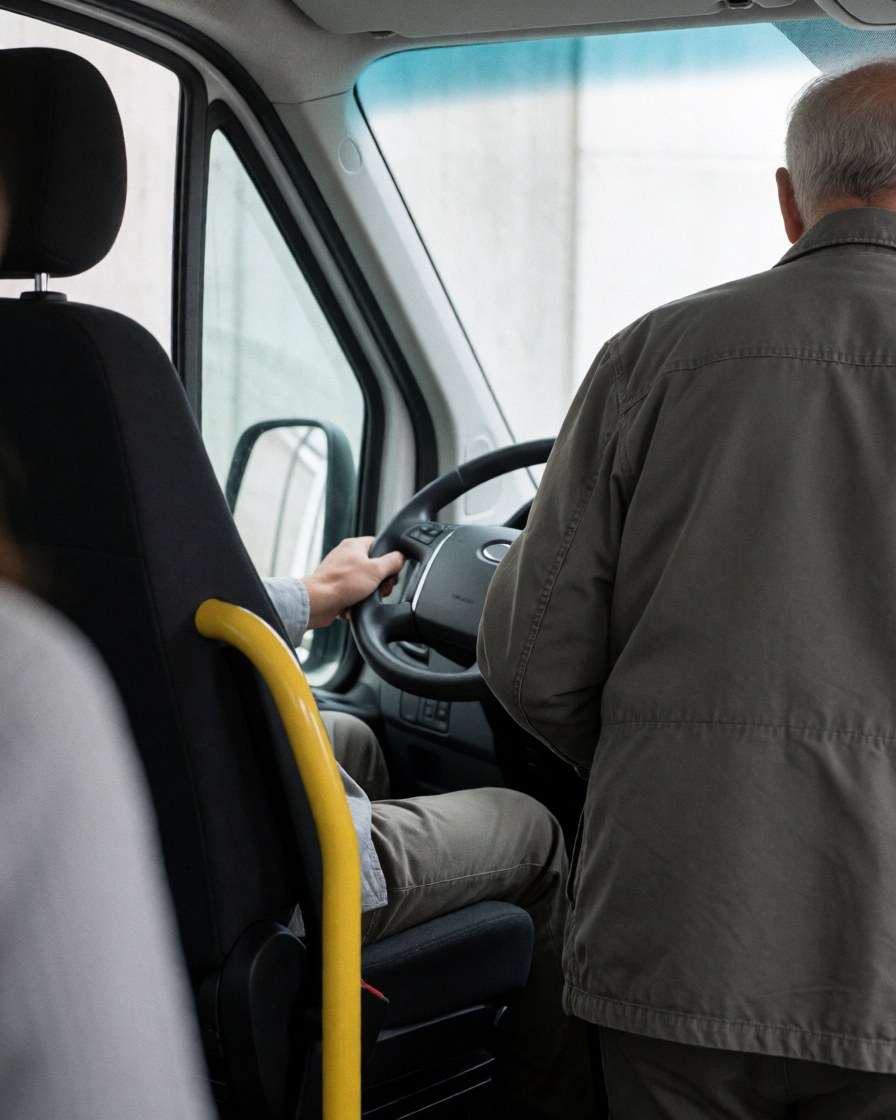 Un passager entre dans un minibus. La main du conducteur est sur le volant. Une barre jaune et des sièges noirs sont visibles à l'intérieur du véhicule.